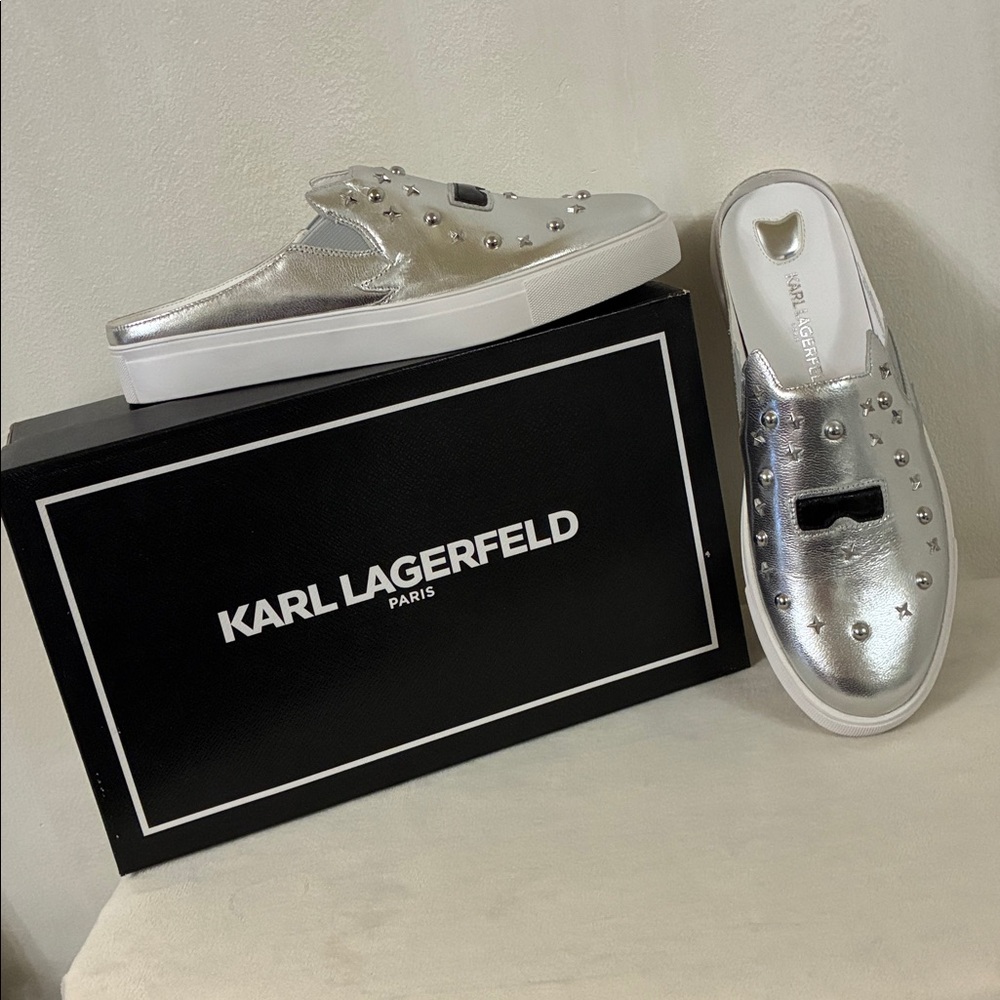 Karl Lagerfeld Paris EISLEY Silver/Black Metallic Slip-on Sneaker/Mule  US 9M